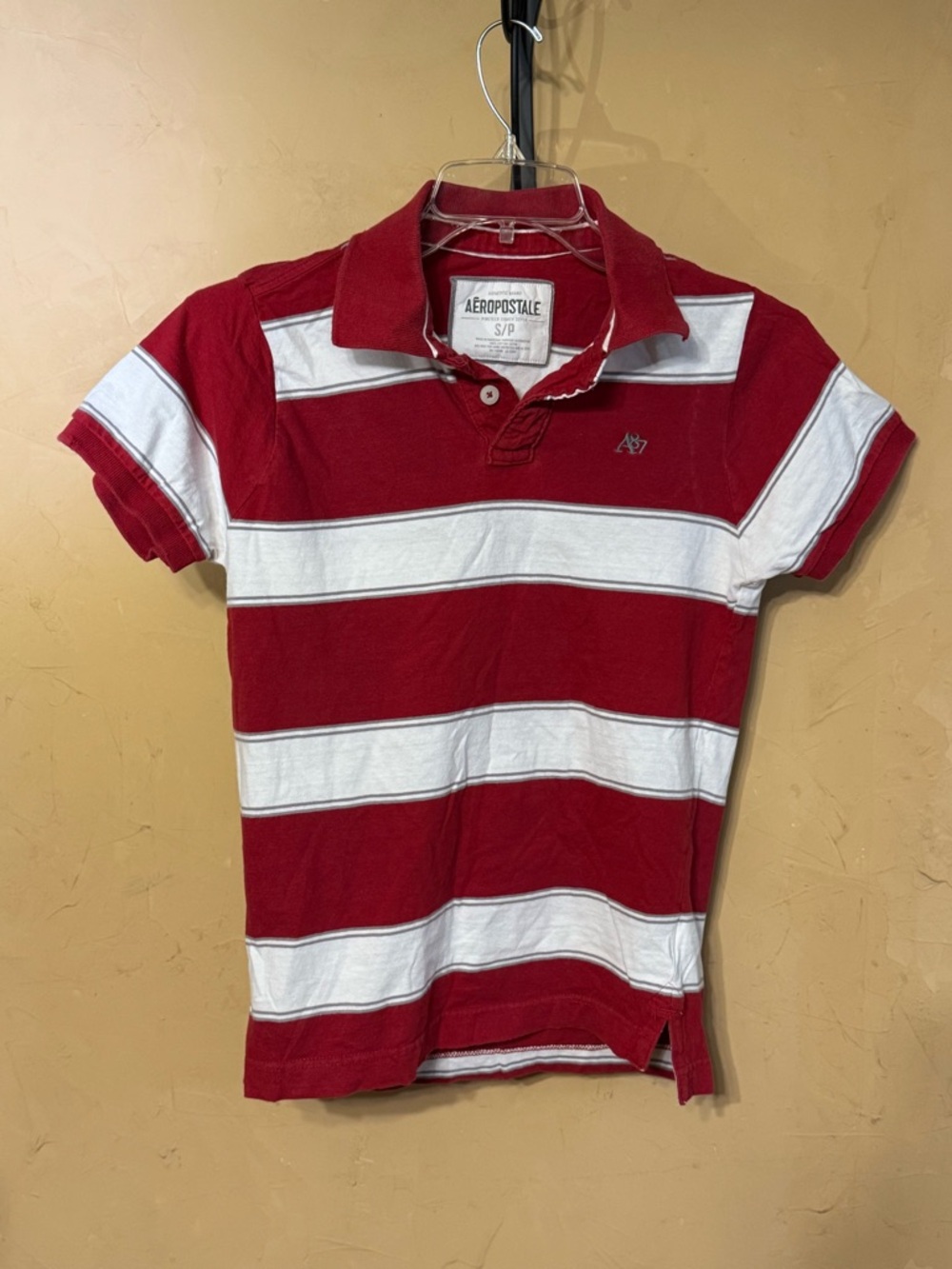 Vintage Aeropostale Mens Red and White Striped Polo Shirt